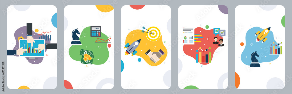 Success, business, earnings, startup and strategy icons. Concepts of success business, earnings strategy, success startup and growth success. Flat design icons in vector illustration. 