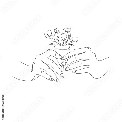 Outline sketch illustration.Menstrual cup with flowers in female hands, hand drawn.Period product siltcon menstrual cup.Zero waste concept.Vector illustration photo