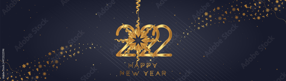 Happy New Year 2022. Long greeting card with golden numbers and ribbons on a dark background. Flat vector illustration EPS10