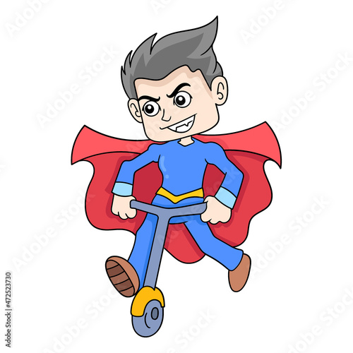 boy wearing superhero suit riding a scooter, doodle icon image kawaii