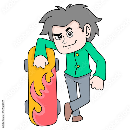 cool boy is posing with his proud skateboard, doodle icon image kawaii