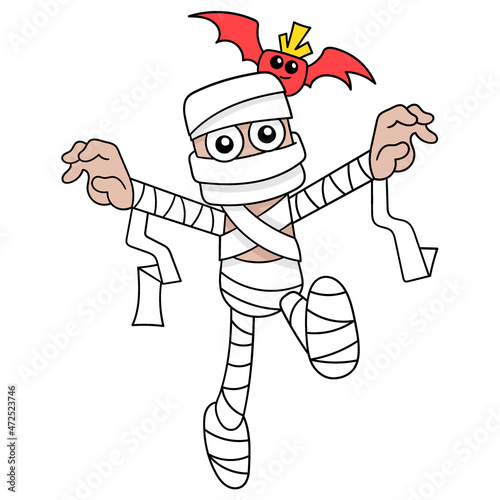 halloween undead mummy walking scary with body full of bandages, doodle icon image kawaii