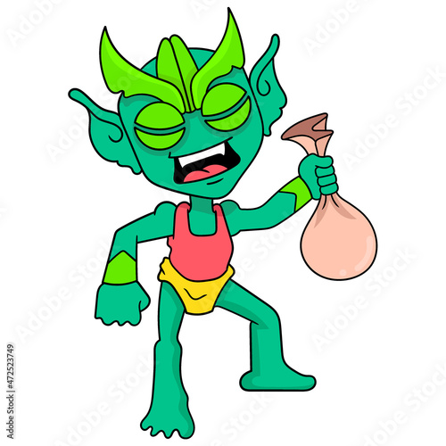 green fish monster holding pouch, doodle icon image kawaii