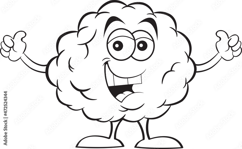 Black and white illustration of a smiling brain giving double thumbs up. Black and white illustration of a smiling brain giving double thumbs up.