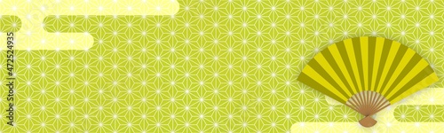 金色の和柄模様（麻の葉）の扇子イラスト付きバナー背景