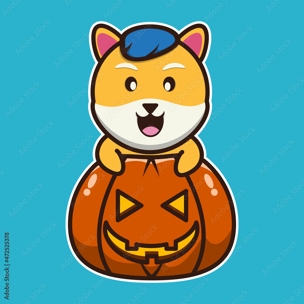 vector illustration of shiba dog 
hugging a pumpkin helloween, suitable for children's books, birthday cards, valentine's day.	