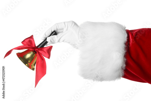 Santa Claus holding Christmas bell on white background, closeup