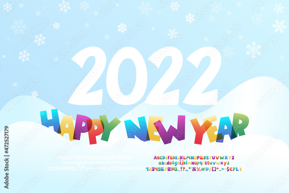 Creative flyer Happy New Year with cartoon multicolor text in winter landscape. Two vector sets of decorative fonts are included