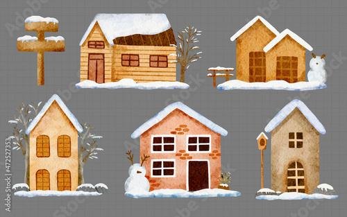 Set of watercolor winter house snow cap , hand-drawn illustration of elements