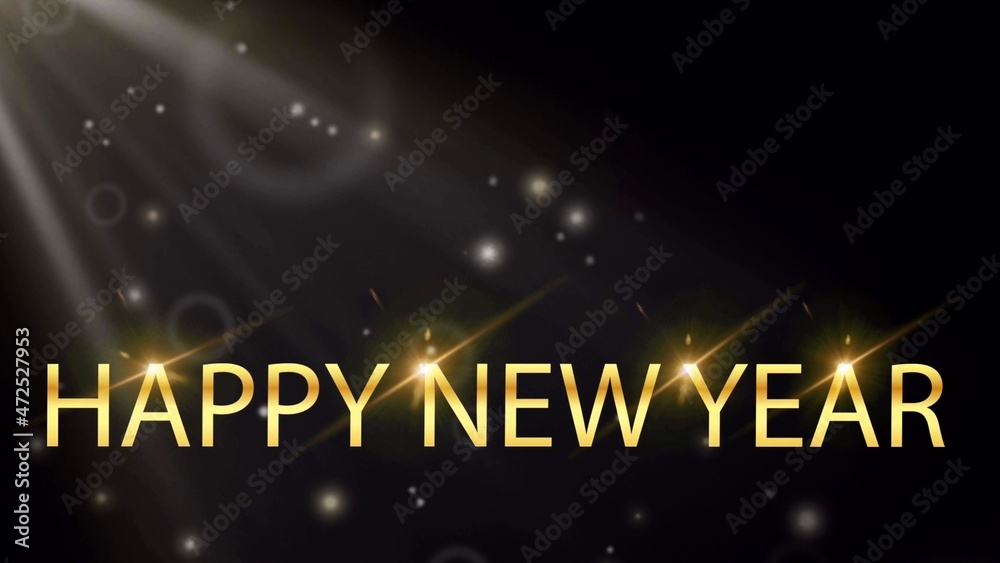 Animation golden Texture HAPPY NEW YEAR with colorful firework.
