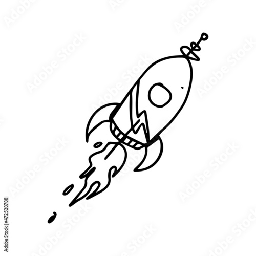 a rocket illustration in uncolored outline. simple hand drawn drawing of a single space object. a doodle vector isolated on white for outer space theme design.