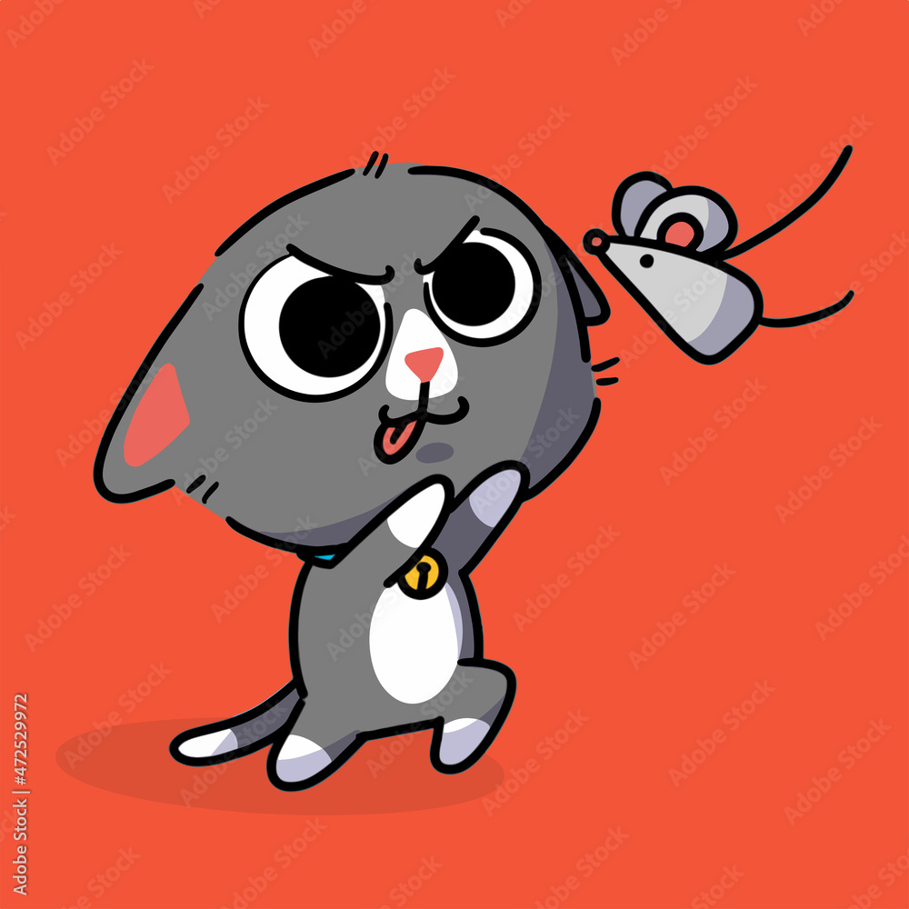 Energetic Little Kitten Chasing a Mouse Character Doodle Illustration