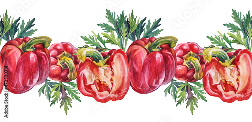 Seamless border watercolor bell pepper and greenery parsley isolated on white background. Hand-drawn sweet food red vegetable for cooking book menu. Art spicy paprika for cafe sketchbook card