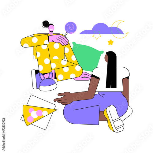 Pajama party abstract concept vector illustration. Friends sleepover, birthday celebration idea, kids having fun, slumber night, pajama party for children, bachelorette event abstract metaphor.
