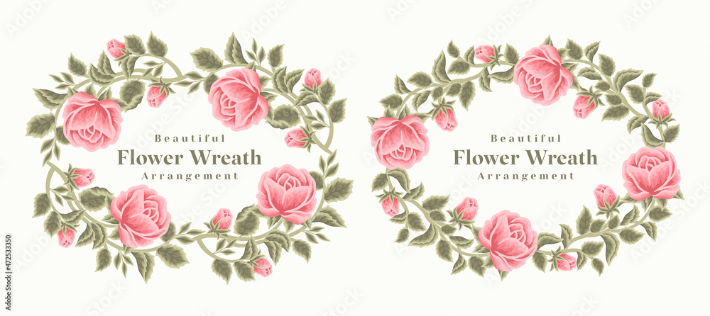 Set of vintage rose flower wreath and spring floral frame elements for card decoration