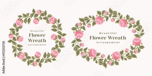 Set of vintage rose flower wreath and spring floral frame elements for card decoration