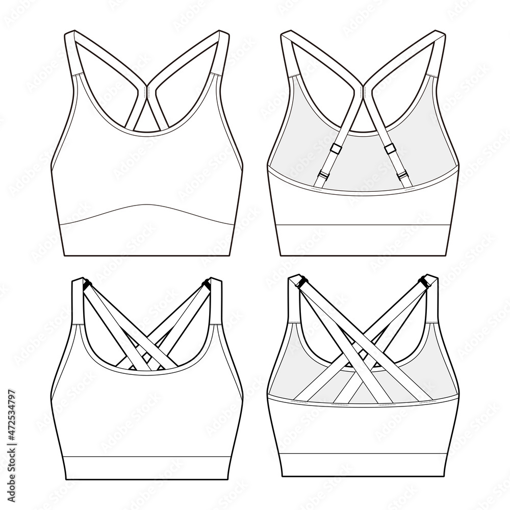 Sports bra fashion vector sketch, Apparel template, Adjustable shoulder straps - obrazy, fototapety, plakaty 