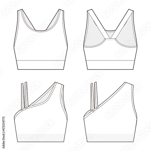  Slender shoulder straps bra vector sketch, Apparel template, Sports bra