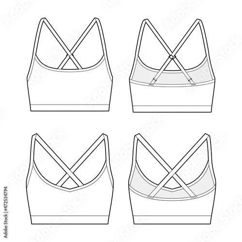 Sports bra fashion vector sketch, Apparel template, Adjustable shoulder straps photo