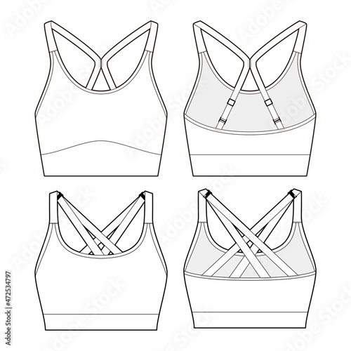 Sports bra fashion vector sketch, Apparel template, Adjustable shoulder straps photo