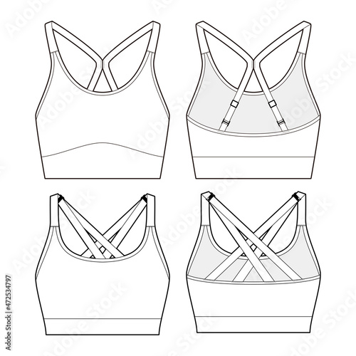 Sports bra fashion vector sketch, Apparel template, Adjustable shoulder straps
