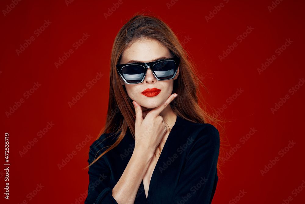 glamorous woman wearing sunglasses red lips posing close-up glamorous woman wearing sunglasses red lips posing close-up