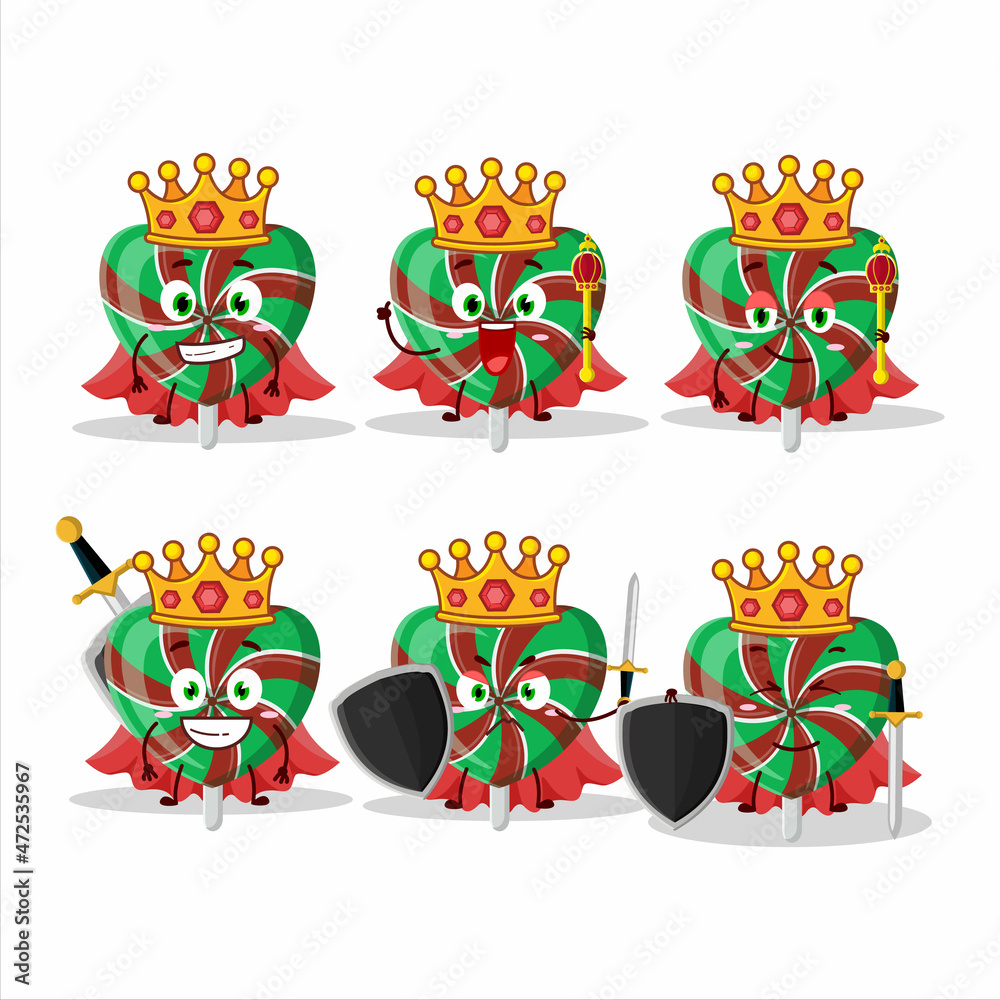 Fototapeta premium A Charismatic King green love twirl candy cartoon character wearing a gold crown