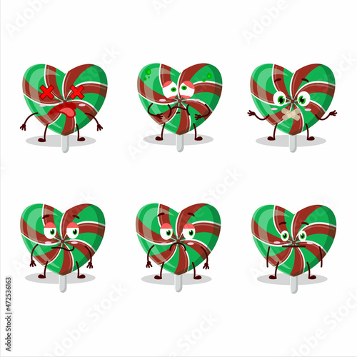 Green love twirl candy cartoon character with nope expression