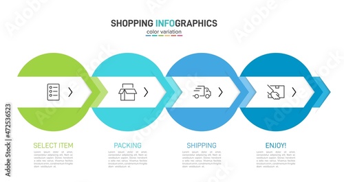 Concept of shopping process with 4 successive steps. Four colorful graphic elements. Timeline design for brochure, presentation, web site. Infographic design layout.