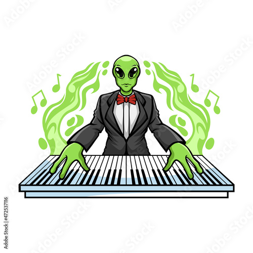 Illustration of a green alien playing piano