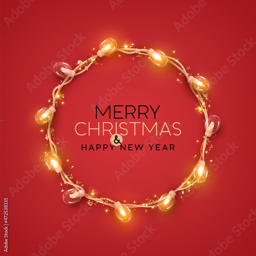 Christmas red background with realistic decoration round ring from glass light garland. Merry Christmas Greeting card. Happy new year. Festive bright design. Xmas Holiday poster. vector illustration