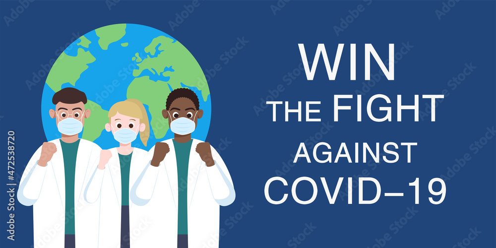Multiracial doctors and nurses from different country cheer together. Global solidarity and cooperation against the virus. Community of common destiny for all mankind. Anti-epidemic slogan. Multiracial doctors and nurses from different country cheer together. Global solidarity and cooperation against the virus. Community of common destiny for all mankind. Anti-epidemic slogan.