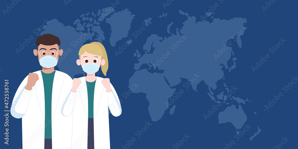 Doctors and nurses raise fists to cheer. Medical illustration background.
Doctors and nurses raise fists to cheer. Medical illustration background.