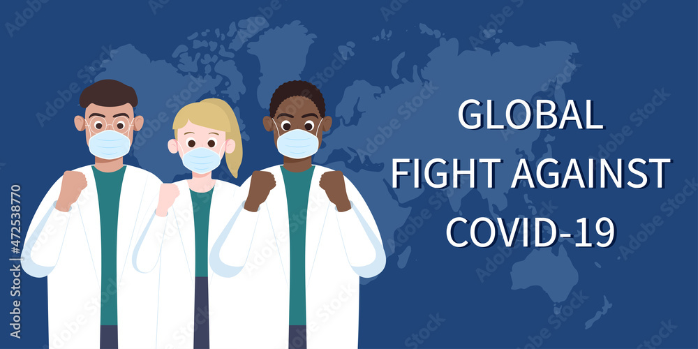 Multiracial doctors and nurses from different country cheer together. Global solidarity and cooperation against the virus. Community of common destiny for all mankind. Anti-epidemic slogan. Multiracial doctors and nurses from different country cheer together. Global solidarity and cooperation against the virus. Community of common destiny for all mankind. Anti-epidemic slogan.