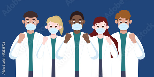Multiracial doctors and nurses from different country cheer together. Multi-ethnic cooperation fight against global pandemic.Community of common destiny for all ankind. Medical illustration.