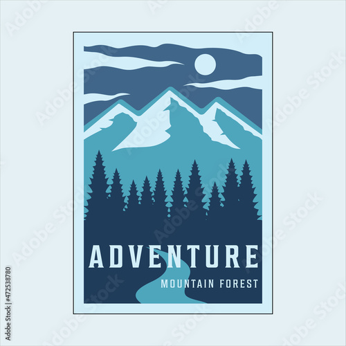 mountain and pines vintage minimalist poster vector illustration template design. adventure outdoor banner