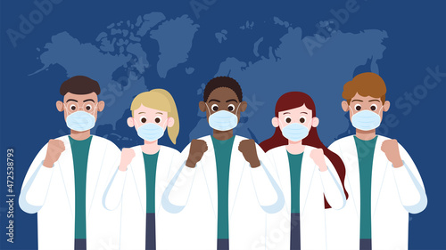 Multiracial doctors and nurses from different country cheer together. Multi-ethnic cooperation fight against global pandemic.Community of common destiny for all ankind. Medical illustration.