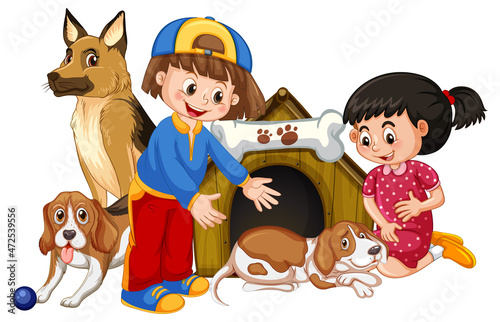Children with their dogs on white background