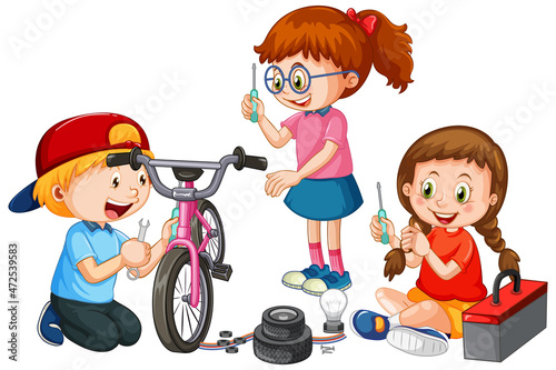 Children fixing a bicycle together
