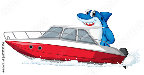 Shark on speed boat cartoon character on white background