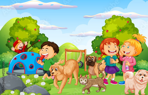 Playground scene with children and animals