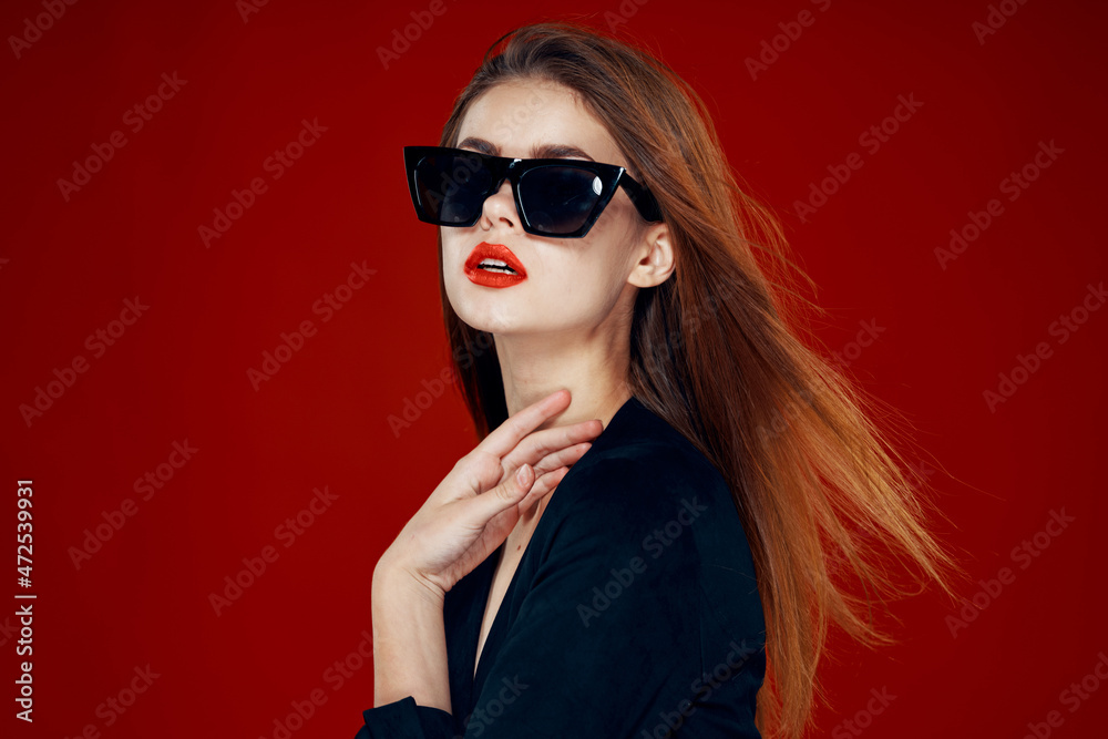 cheerful fashionable woman wearing sunglasses red lips posing red background cheerful fashionable woman wearing sunglasses red lips posing red background