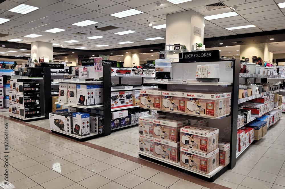 Interior view of electronic and kitchenware department store in Aeon  shopping mall, Penang. AEON is the is a leading General Merchandise Store  in Malaysia. PENANG, MALAYSIA - 1 DEC 2021. Stock-Foto | Adobe Stock