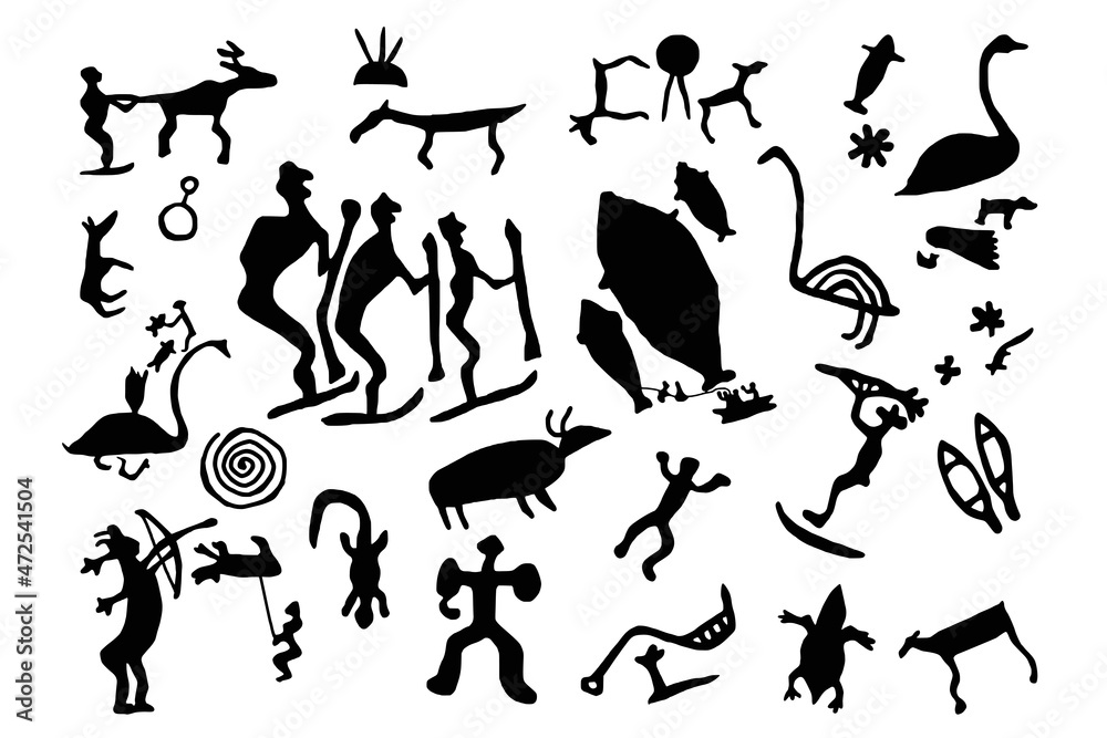 A series of petroglyphs, cave drawings, vector design