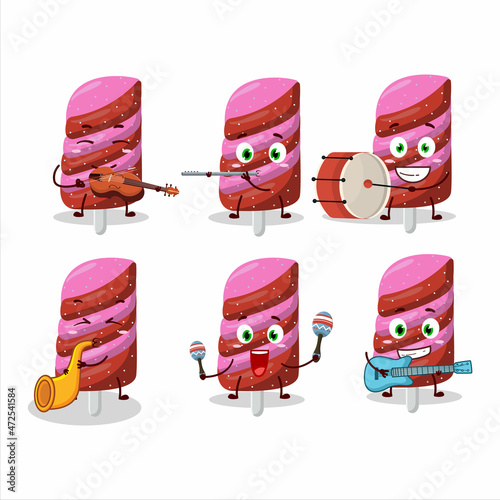 Cartoon character of gummy candy strawberry playing some musical instruments