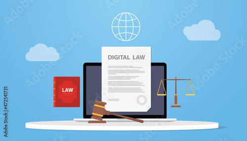 digital law concept technology with laptop and law books and internet network with modern flat style
