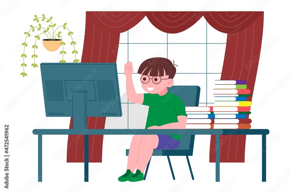 Online distance learning. The boy is studying with a computer online from home. Back to school concept. Vector illustration in a flat style.