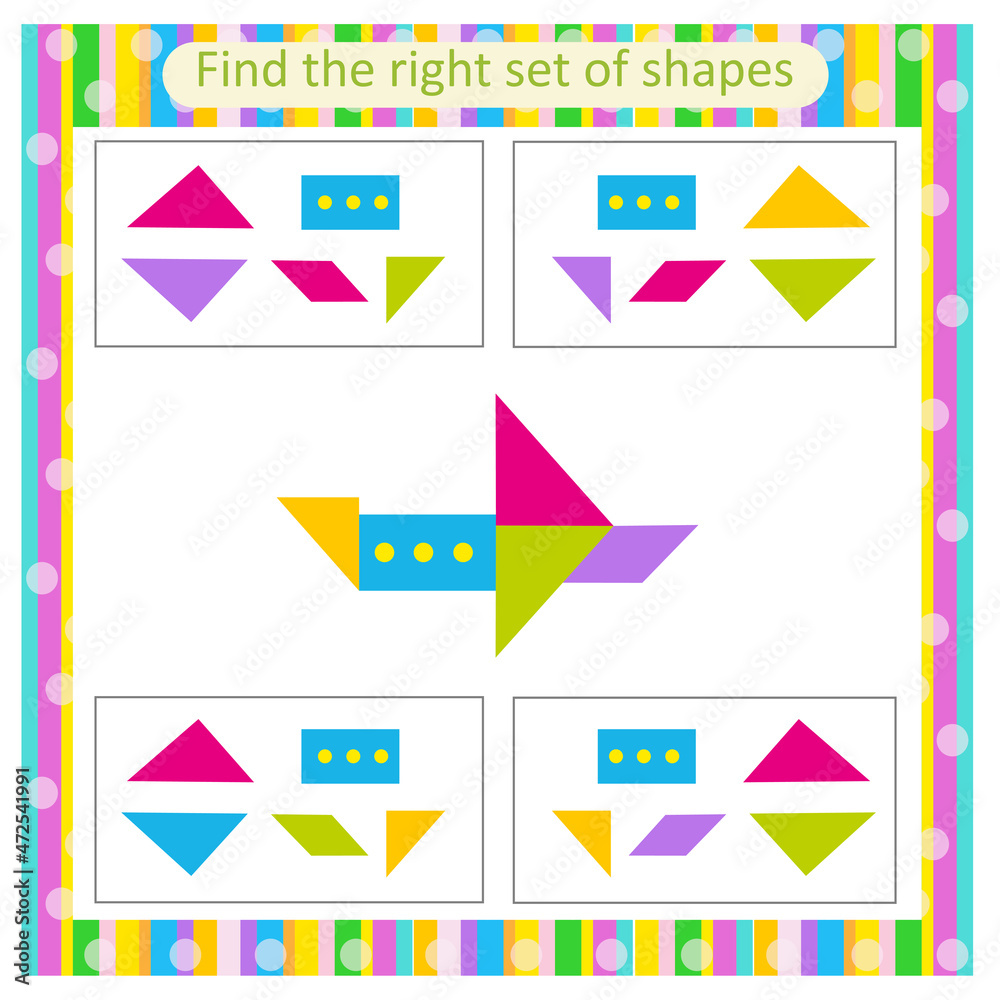 Educational logical game for kids. Find the right set of geometric shapes. Preschool worksheet activity. Educational logical game for kids. Find the right set of geometric shapes. Preschool worksheet activity.