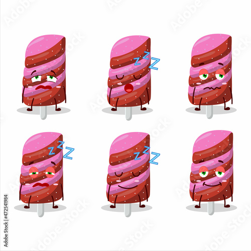 Cartoon character of gummy candy strawberry with sleepy expression