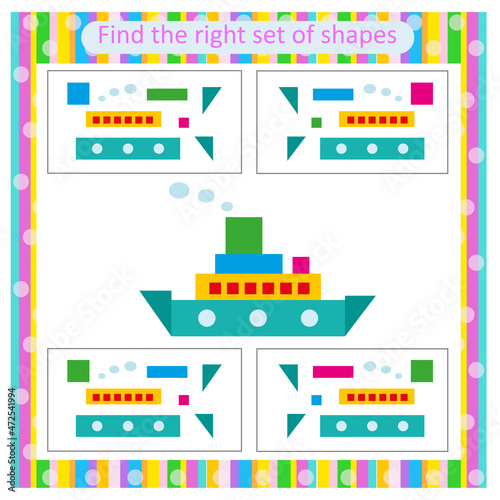 Educational logical game for kids. Find the right set of geometric shapes. Preschool worksheet activity. 